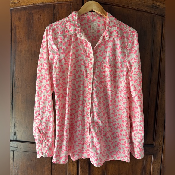 GAP Tops - GAP | Neon Pink Novelty Cat Print Women’s Boyfriend Button Down Shirt | L